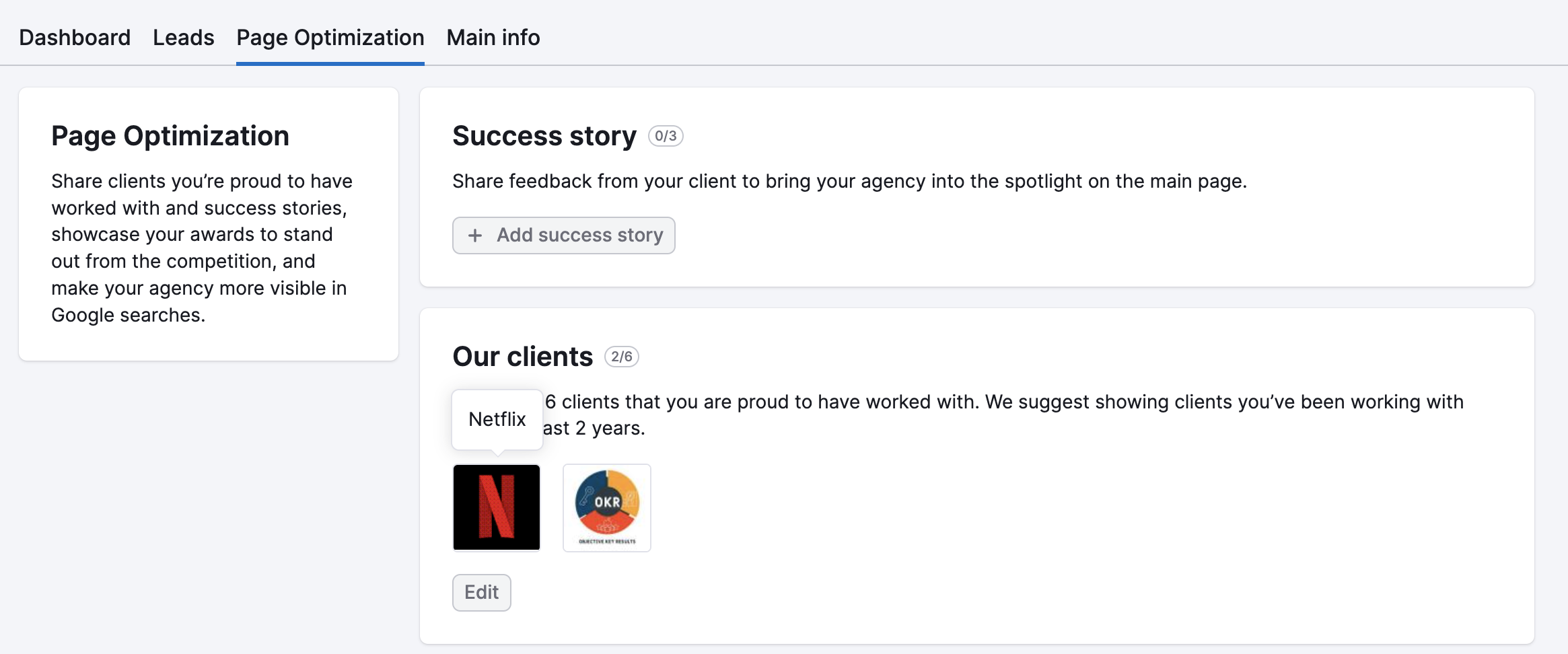 Hover over client logos to check what the alt text will look like on your agency page.